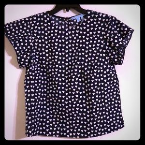 Navy and white heart print blouse
